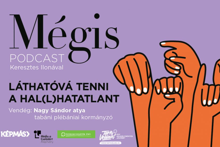 A Mégis podcast siket pasztoráció témájú adásának plakátja, rajzolt kezekkel